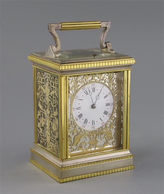 An early 20th century silvered and ormolu hour repeating carriage clock, H.6.25in.